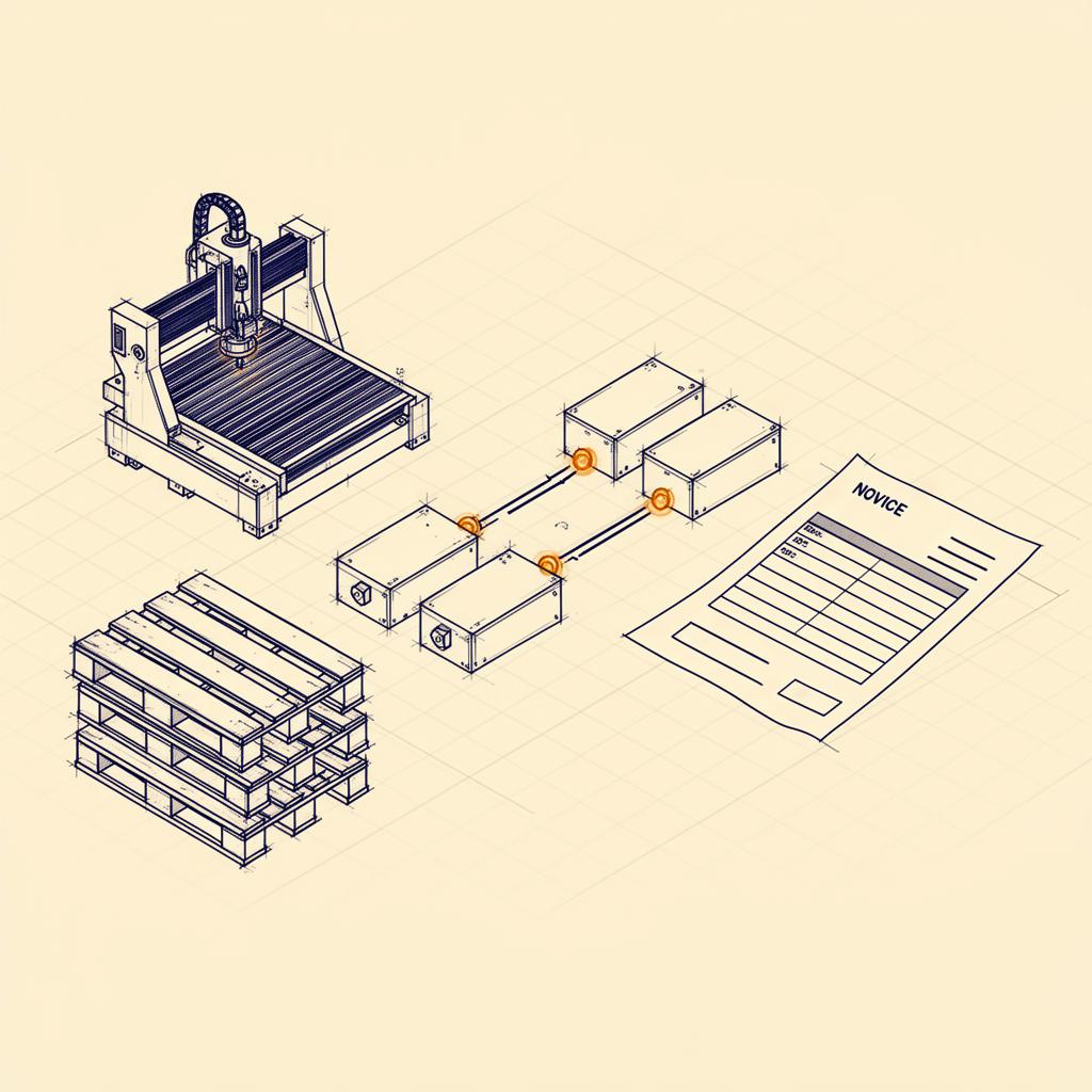 Isometric schematic of an industrial quote-to-cash flow connecting shop floor, ERP, HubSpot, and invoicing